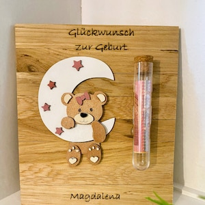 Geburtsgeschenk, Geldgeschenk zur Geburt, rosa, blau, Holz, Bär, Junge und Mädchen