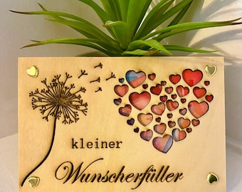 Holzkarte, Geldgeschenk, Geburtstag, Wunscherfüller, Holzdeko, Gutschein, Geburtstagskarte, Pusteblume, Herz,