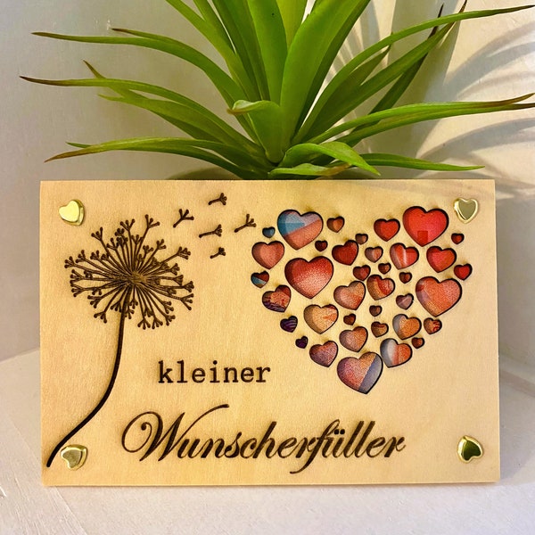 Holzkarte, Geldgeschenk, Geburtstag, Wunscherfüller, Holzdeko, Gutschein, Geburtstagskarte, Pusteblume, Herz,