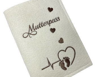 Maternity pass cover made of felt with embroidery, EKG line, heart, cream, envelope maternity pass, Mamapass, Mukipass