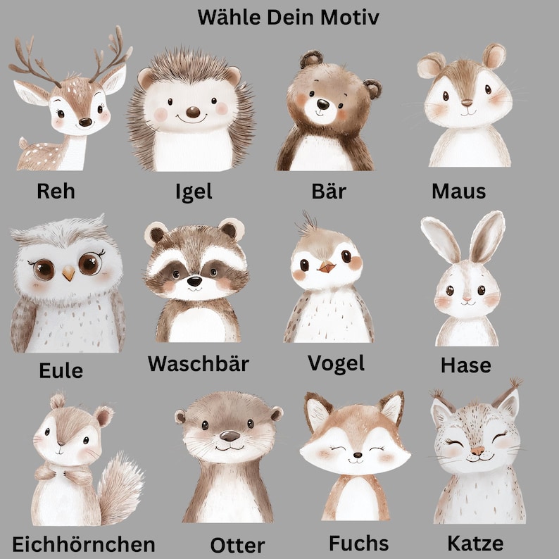 Op de afbeelding: Waterverfillustraties van verschillende bosdieren, waaronder een hert, een egel, een beer, een muis, een uil, een wasbeer, een vogel, een konijn, een eekhoorn, een otter, een vos en een kat. De tekst "W&auml;hle Dein Motiv" staat bovenaan.