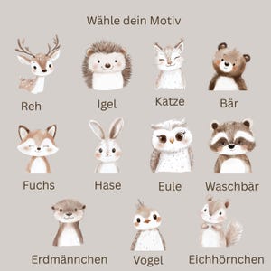 K&ouml;nnte beinhalten: Aquarell-Illustrationen von Waldtieren, darunter ein Reh, ein Igel, ein Fuchs, ein Hase, eine Eule, ein Waschb&auml;r, ein Erdm&auml;nnchen, ein Vogel und ein Eichh&ouml;rnchen. Der Text "W&auml;hle dein Motiv" steht oben.