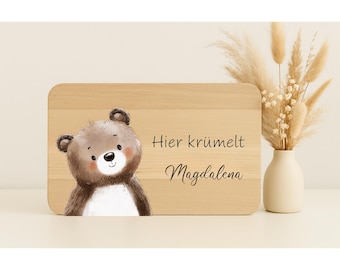 Frühstücksbrett personalisiert, Brettchen personalisiert, Babygeschenk, Taufe, 1. Geburtstag Geschenk, Hier krümelt