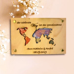 Holzkarte, Geldgeschenk, Hochzeit, mit Namen, Holzdeko, personalisiert, Gutschein, Hochzeitskarte, Weltkarte, Hochzeitsgeschenk