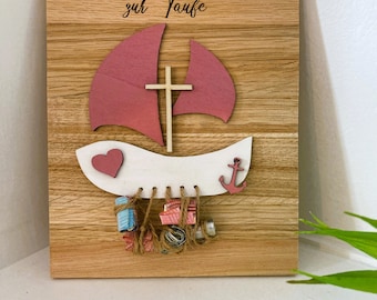 Taufgeschenk Holz Schiff Mit Basis - Geldgeschenk Für Jungen & Mädchen
