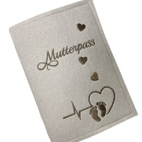 Mutterpass-Hülle aus Filz mit Stickerei, EKG Linie, Herz, beige, Umschlag Mutterpass, Mamapass, Mukipass, Hülle Mutterpass, Baby