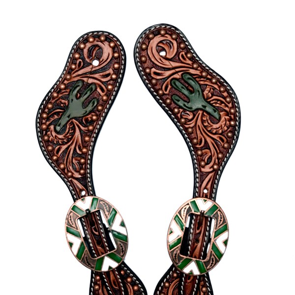 Black Hoof Cactus | Floral Tooled| Spur Straps with Copper spot for Horse Riders | Adjustable Single Ply Spur Strap | Equestrian Accessories