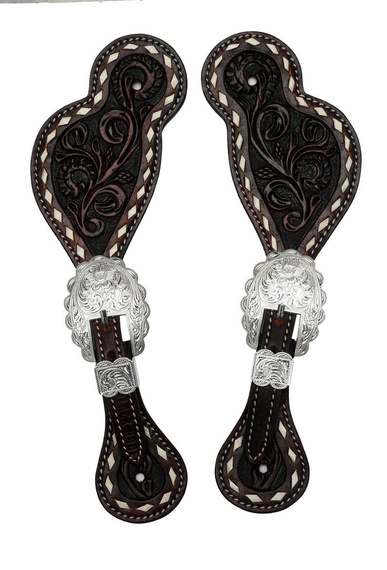 Showman Floral Tooled Leather Spur Straps With Turquoise Stones - Ladies Western