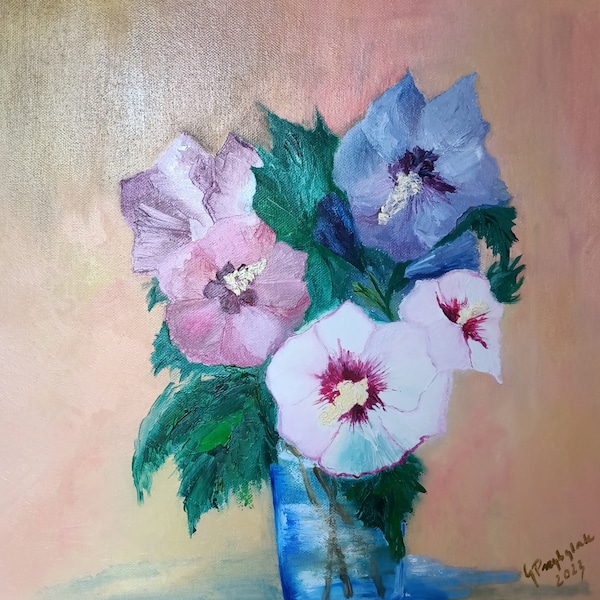 Peinture à l'huile, Fleur d'Hibiscus, 40x40 cm