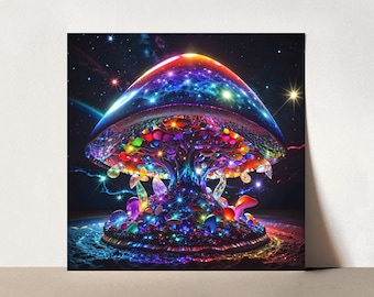 Surreal Mushroom Matte Vertical Poster, Illuminated Glowing Blue Red Purple, Dark Night, Cosmic Wall Art, 1x1 Ratio Square Shaped