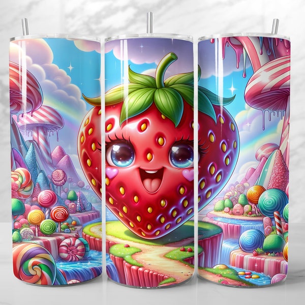 Strawberry Tumbler Wrap 20oz, Instant Digital PNG Download, Sublimation Design, Dreamy Candy Cartoon Art, Cute Animated Sweet Fantasy Land