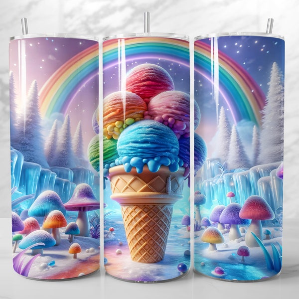 Surreal Ice Cream Fantasy 20oz Skinny Tumbler Wrap, Instant Digital PNG Download, Sublimation Design, Frozen Mushroom, Rainbow Snow Winter