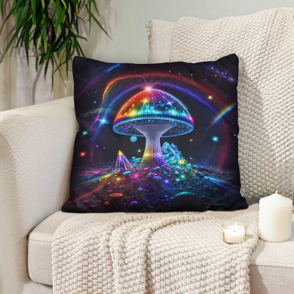 Radiant Mushroom Polyester Square Pillow, Prismatic Glow, Ethereal Scene, Luminous Crystals, Spectrum of Colors, Celestial Shiny Fungi