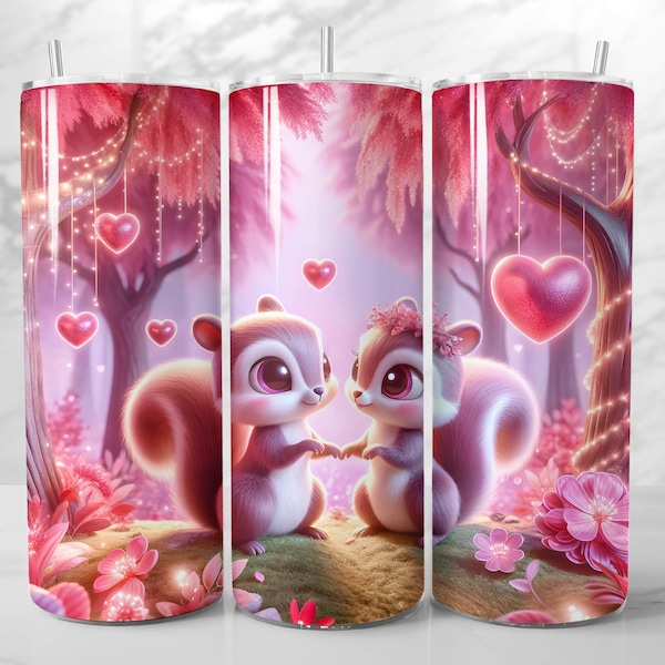 Cute Squirrels in Love, 20oz Skinny Tumbler Wrap, Instant Digital PNG Download, Sublimation Design, Romantic Pink Forest, Lovely Animal Art