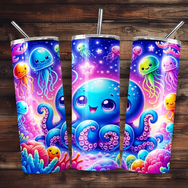 Cute Octopus 20 oz Skinny Tumbler Wrap,Instant Digital PNG Download,20oz Sublimation Design,Oceanic Underwater Playful Jellyfish,Vibrant Sea