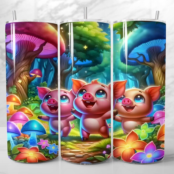 Happy Pig Trio in Mushroom Forest 20 oz Skinny Tumbler Wrap, Instant Digital Download, Sublimation Design, Luminous Vibrant Colorful Fungi