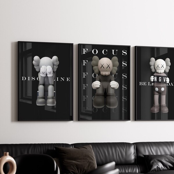 Set of 3 Kaws Poster, Motivational Prints, DIGITAL DOWNLOAD, Black Aesthetic Wall Art, Kaws Digital Prints, Hypebeast Poster, Kaws Wall Art