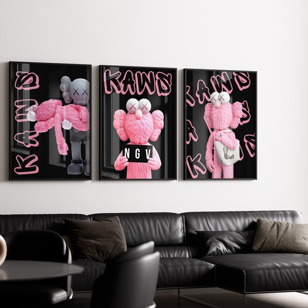 Black and Pink Kaws Poster Set of 3, HypeBeast Figure Prints, DIGITAL DOWNLOAD, Modern Wall Art, Designer Poster, HypeBeast Wall Art