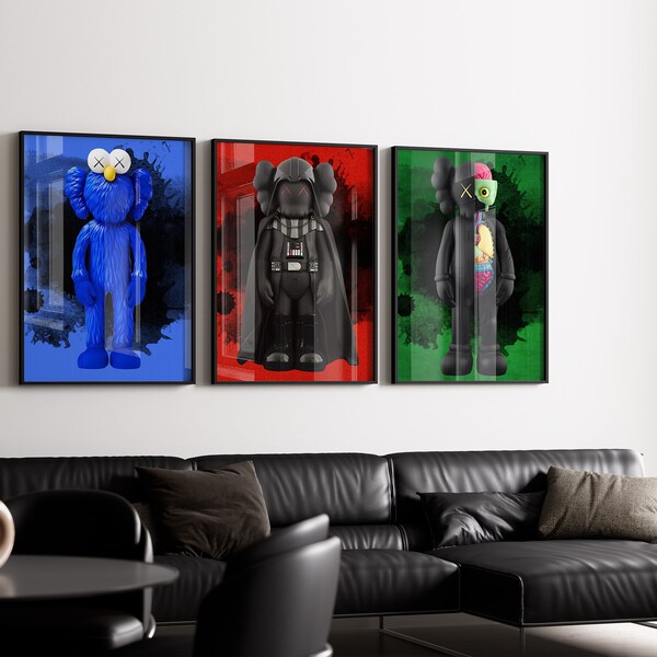 HypeBeast Figures Poster Set of 3, Graffiti Kaws Prints, Digital Download,Modern Wall Art, Kaws Poster, Black Red Posters, Designer Wall Art