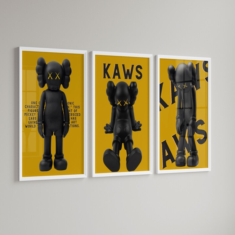 Set of 3 Hypebeast Toys Poster, Yellow Kaws Print, Black Companion