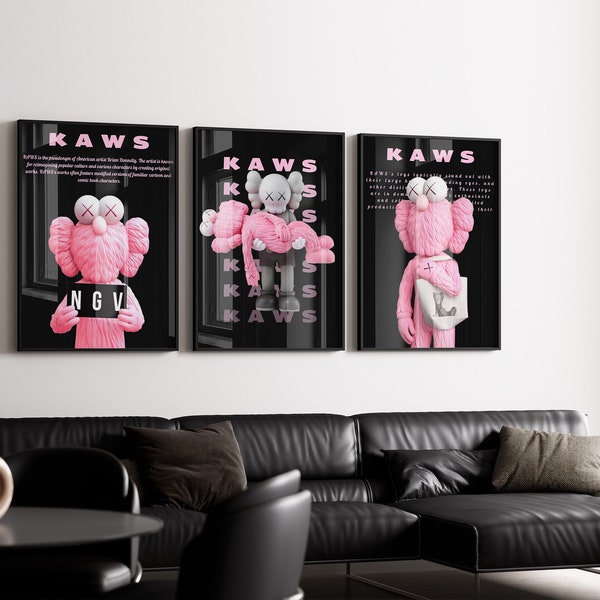 Ensemble d’affiches Hypebeast noir et rose de 3, figurine Pink Kaws, art mural moderne, affiche de créateur, ensemble d’impression Hypebeast de 3, impression de jouets Pink Kaws