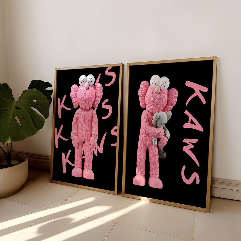 Black and Pink Kaws Poster Set of 3, Hypebeast Wall Art, Digital Download, Pink Kaws Figure