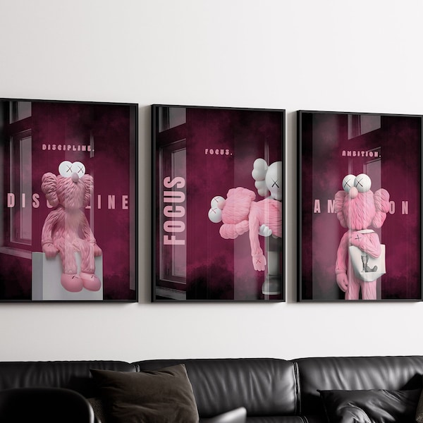 Lot de 3 affiches noires et roses de Kaws, art mural motivant, téléchargement numérique, affiches de créateurs, impression numérique Hypebeast Kaws, art mural Kaws