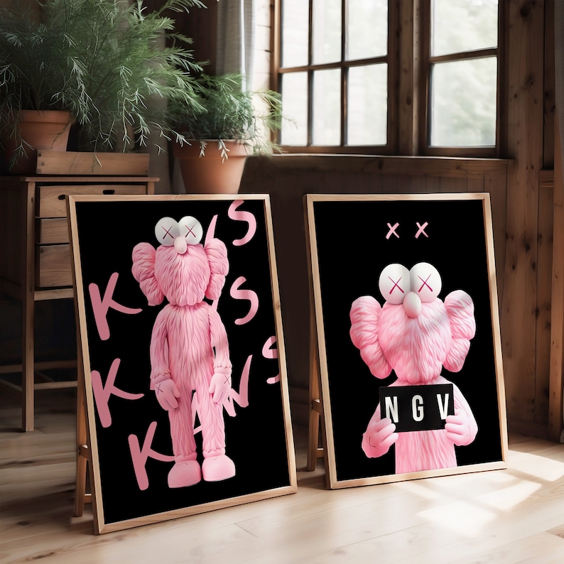 Black and Pink Kaws Poster Set of 3, Hypebeast Wall Art, Digital Download, Pink Kaws Figure