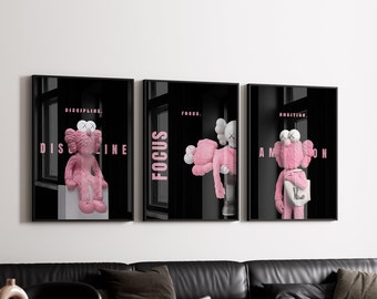 Set di 3 poster Kaws nero e rosa, arte da parete motivazionale, DOWNLOAD DIGITALE, arte da parete di design, stampa digitale Hypebeast Kaws, arte da parete Kaws