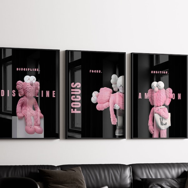 Conjunto de 3 carteles de Kaws en negro y rosa, arte de pared motivacional, DESCARGA DIGITAL, arte de pared de diseñador, impresión digital Hypebeast Kaws, arte de pared de Kaws