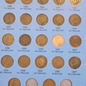 Older Whitman Indian Head Cent folder. Also space for Flying Eagle Cents. 1880-1909 pennies included. Brown and About Good to Fine condition