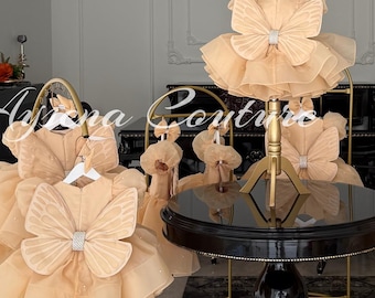 Peach Butterfly Flower Girl Dress, Rhinestone Bow, Couture Sequin Tulle