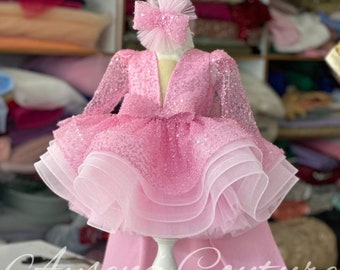 Pink Sequin Pegeant Flower Girl Dress, Girls Doll Hot Pink Barbie Tulle Dress with Train, Toddler Gorgeous Long Sleeves Sequin Party Dress