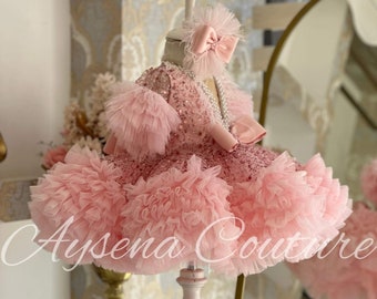 Vestido de niña de flores de lentejuelas rosa polvoriento, vestido de mangas cortas hinchadas para niñas pequeñas, vestido de 1er cumpleaños, vestidos de fiesta de lujo para ocasiones especiales para niñas
