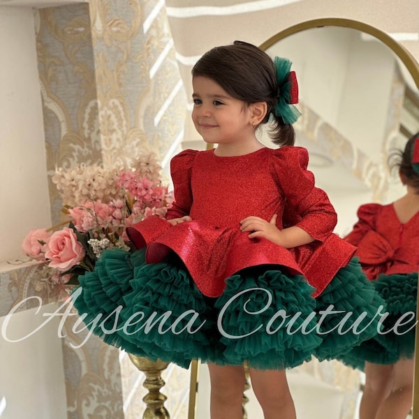 Christmas Dress for Baby Girl, Girls Christmas Dress, Red Sequin and Green Dress, Girls Christmas Photoshoot Dress, Family Christmas Photos