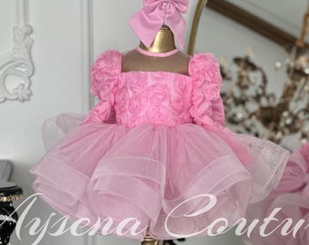 Pink Rose Tulle Party Dress, Ruffled Toddler Gown