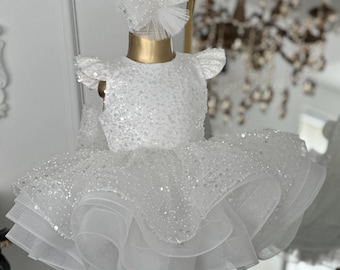 White Sequin Tulle Dress, Elegant Party Tutu