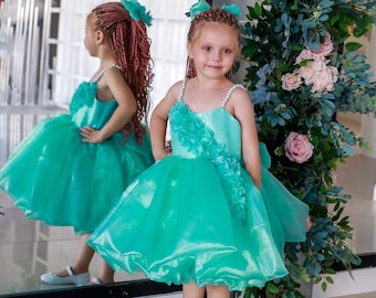 Green Flower Baby Dress, Baby Autumn Set, Flower Toddler Dress, Wedding Dress For Baby Girl, Cake Smash Outfit Girl, Baby Crown Dress