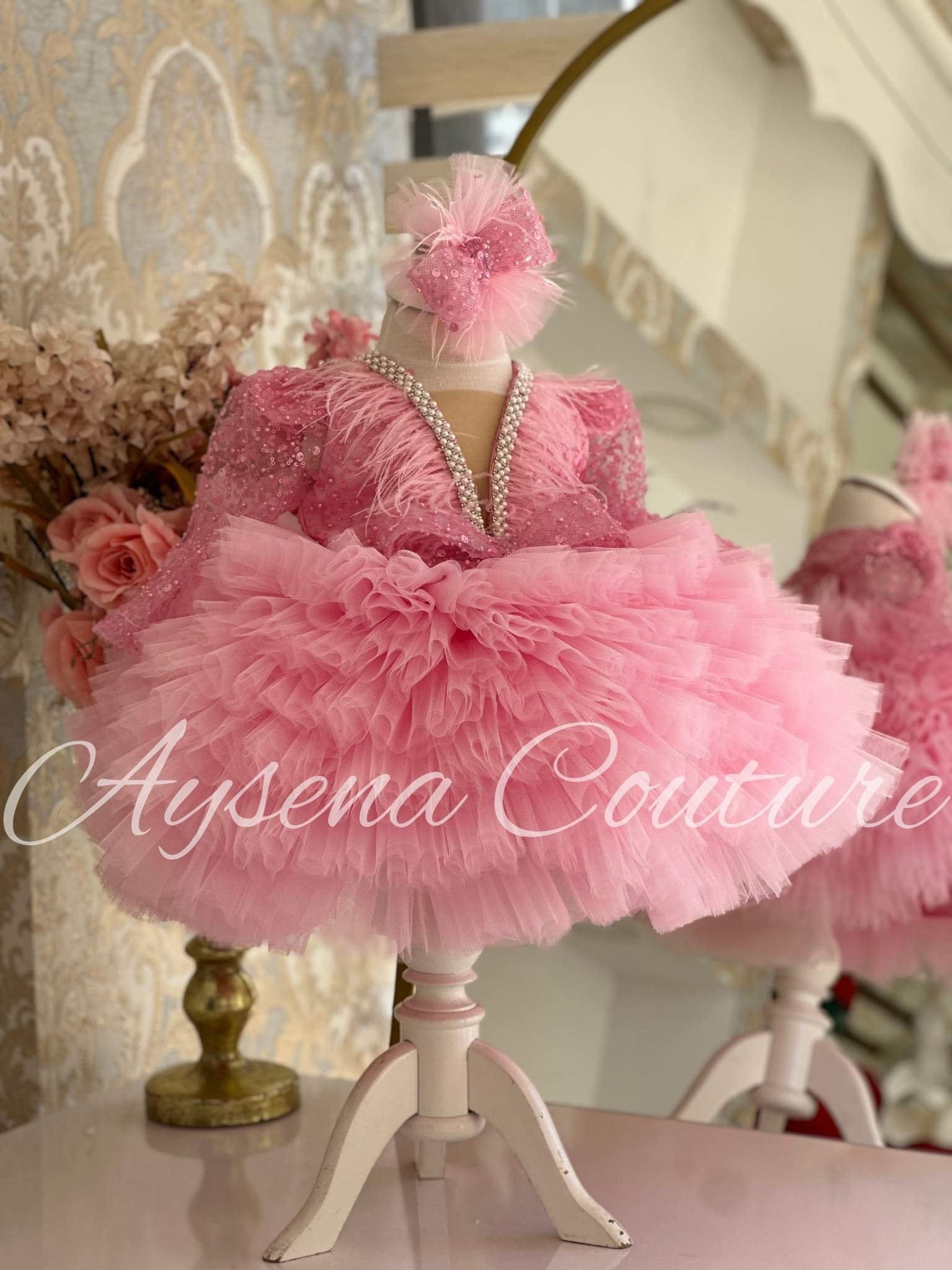 Pageant Pink Tutu Outfit Baby Girl, Princess Long Sleeve Dress for