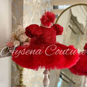 Red Sequin Flower Girl Dress, Puff Sleeve Tulle Party Outfit