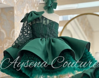 Christmas Unique Green Toddler Dress, Ruffled Tulle Baby Dress, Princess Dress For Special Occasion,  Fancy Flower Girl, Bling Baby Dress