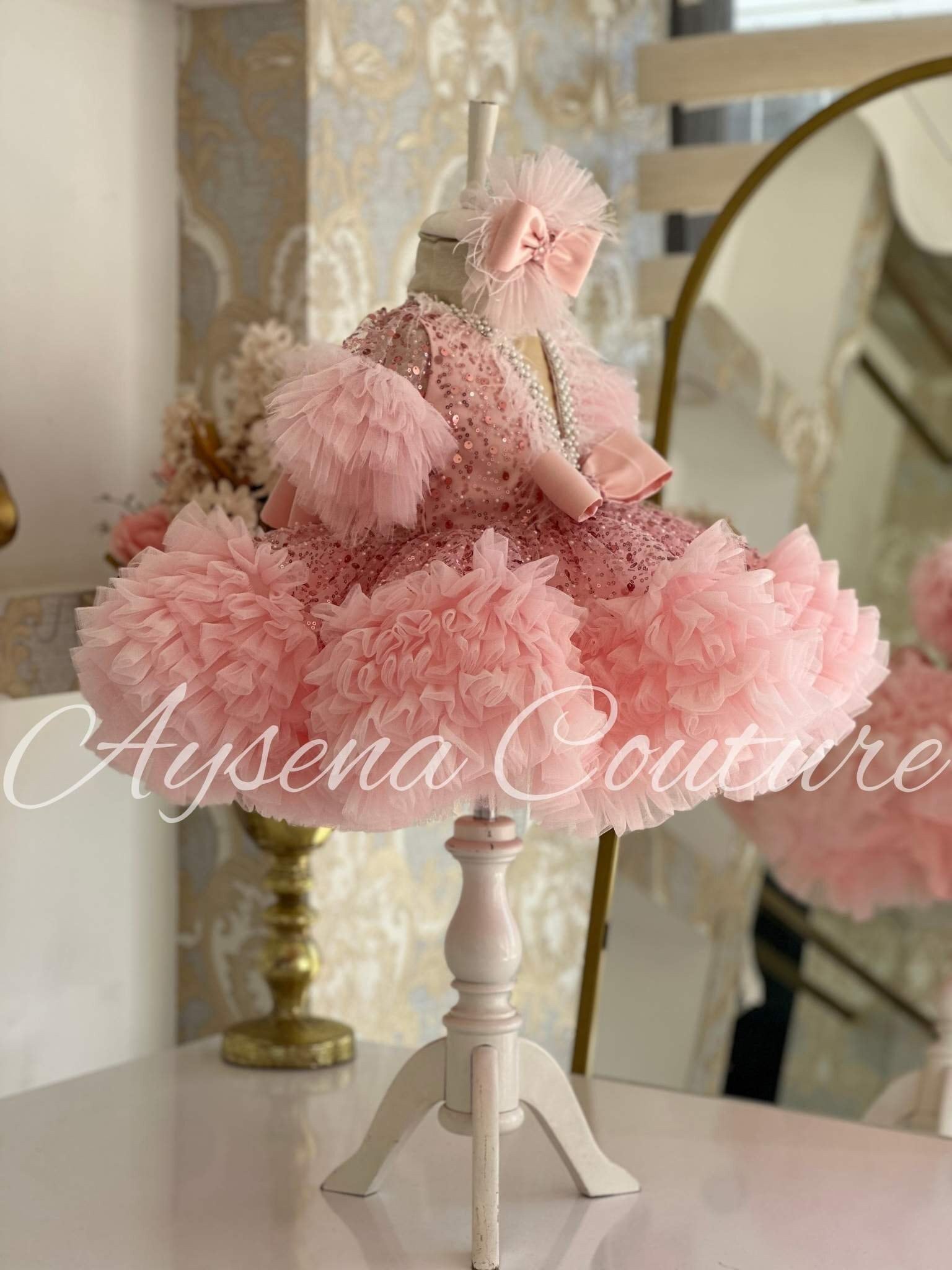 Dusty Pink Sequin Flower Girl Dress | Toddler Girl Puffy Short Sleeves Dress | Birthday Dress | Girls Luxury Party Dress | Occasion Outfit