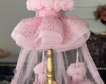 Pink Sequin Tulle Flower Girl Dress, 3D Rose Birthday Outfit, Toddler Wedding Party Gown
