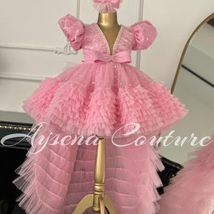 Unique Pink Toddler Dress with Ruffled Tulle And Bling, Toddler Pink Pageant Dress,  Pink Long Train Princess Dress , Toddler Tutu Dress
