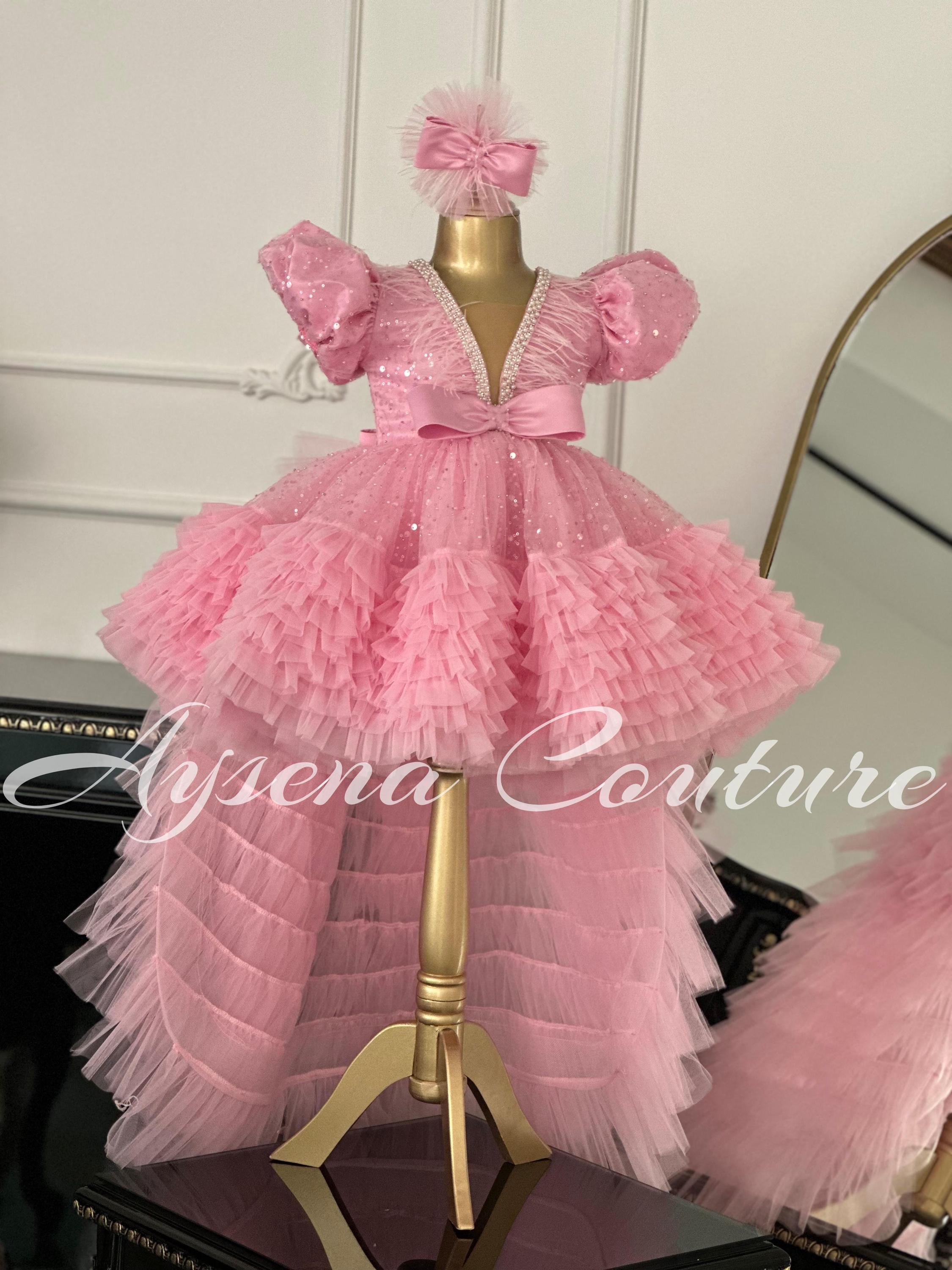 Unique Pink Toddler Dress with Ruffled Tulle And Bling, Toddler Pink Pageant Dress,  Pink Long Train Princess Dress , Toddler Tutu Dress