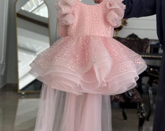 Pink Glitter Princess Dress for Girls, Sparkly Tulle Birthday Dress, Flower Girl Dress with Long Trai