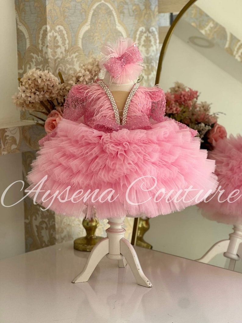 Pageant Pink Tutu Outfit Baby Girl, Princess Long Sleeve Dress for