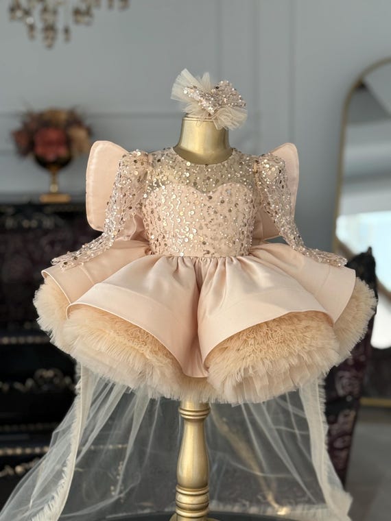 blue dress for baby girl Couture Girls Beaded Lace Short Pageant Birthday Party Special Occasion Dress Cappucinno / 2 Yrs main image 1
