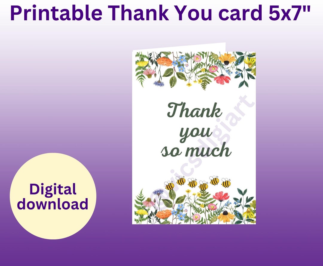 Printable Thank You Card With Flowers Floral Thank You Card Etsy