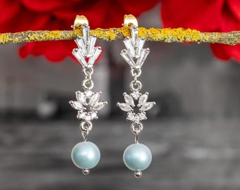 Blue pearl earrings Wedding earrings Elegant stud earrings Wedding gift jewelry Gift for mom Bridgerton tea party earrings Blue earrings